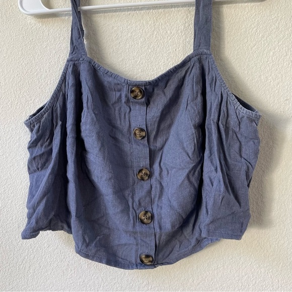 Torrid Linen Blend Button-Front Crop Tank in light steel blue - Picture 5 of 12
